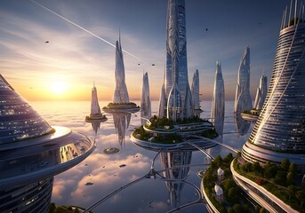 Futuristic city floating in the clouds at sunrise.