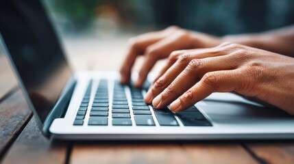 Woman typing on a laptop keyboard in a close-up shot