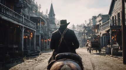 Cowboy rides horse down dusty street