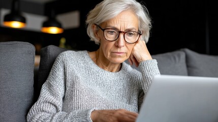 Woman using laptop with focused expression in a cozy indoor setting