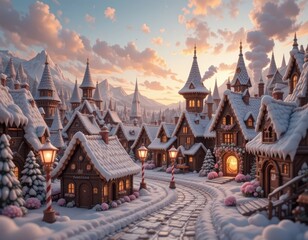 Enchanting snow-covered village at sunset with warm glowing windows and festive lights.