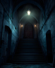 illustration of an old and dark scary entrance with stairs