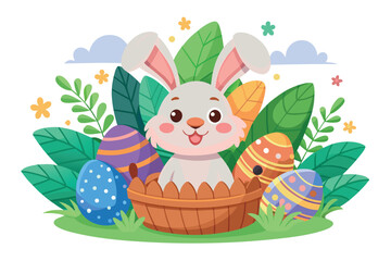 A cute easter bunny in a basket with colorful easter eggs and spring flowers isolated on white background