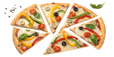 Slices of pizza with colorful toppings arranged on a circular pattern on transparent background, Png