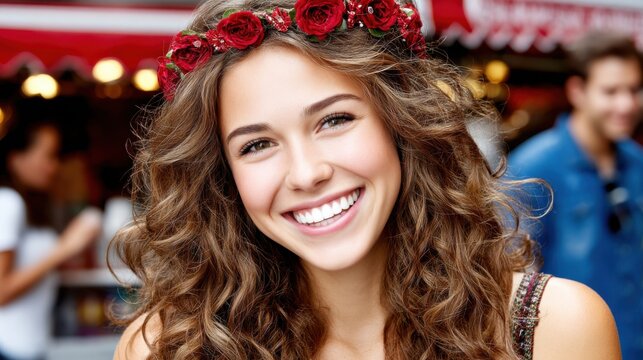Woman smiling with a floral crown of red roses on her head at an outdoor event