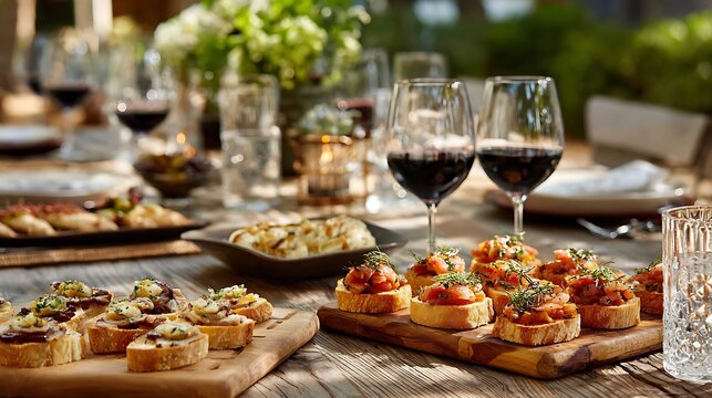 An outdoor table set with appetizers, including canap?s and tartines, complemented by glasses of wine at a casual gathering.