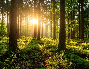 Obraz premium Sunbeams in a lush forest at sunrise