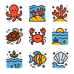 Vibrant Underwater Marine Life Color Icons with Octopus, Coral Reef, Sea Turtle, Crab, Fish, and Seashell on Isolated White Background