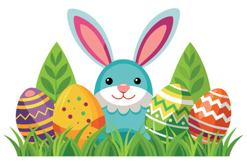 A blue easter bunny with colorful eggs and green grass isolated on white background