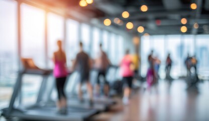 Gym interior, blurred people on treadmills