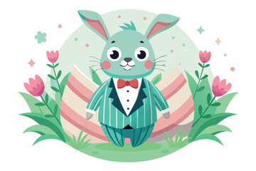 A cute easter bunny in a suit with flowers isolated on white background