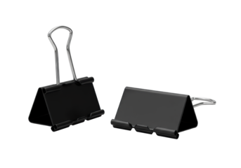 Two glossy black metal binder clips, one upright, one horizontal, with shiny silver handles, precisely focused on a transparent isolated studio background with soft lighting, emphasizing organized