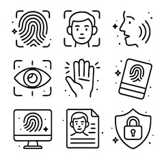 Biometric Security System Line Icons Set with Fingerprint, Face Recognition, Eye Scan, and Handprint for Identity Verification on Isolated White Background
