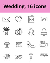 Set of 16 wedding icons in minimalist black outline style, featuring invitation, veil, garter, bow tie, video camera, cake, gift, bride's shoe, bouquet, rings. Celebration and reception attributes