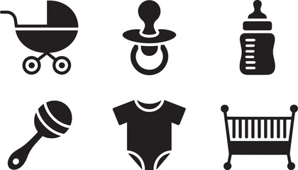 Delightful Baby Care Icons Collection Featuring Stroller, Pacifier, Bottle, Rattle, Onesie, and Crib