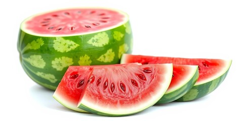 Juicy red watermelon slices and whole fruit, isolated on white,  delicious,   fruit background