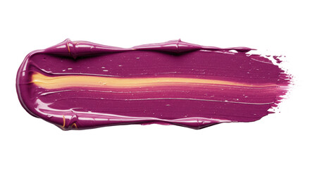Single horizontal thick creamy paint stroke in plum and berry purple with golden yellow streaks and a thin dark grey line, glossy texture, isolated on transparent background with negative space,