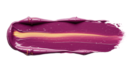 Single horizontal thick creamy paint stroke in plum and berry purple with golden yellow streaks and a thin dark grey line, glossy texture, isolated on transparent background with negative space,