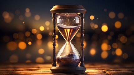 An hourglass showing the passage of time with a blurred background of warm lights.