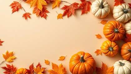 Autumn leaves & pumpkins scattered on beige background, top-left copy space, natural, brown
