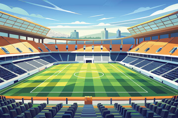 Empty red stadium seats under a blue sky, overlooking a city skyline with a bridge and road leading to the arena © Rana Islam