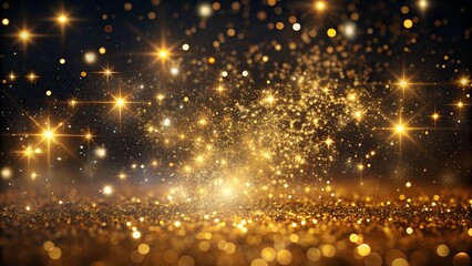 Golden glitter and sparkles with bright starbursts and bokeh effect on a dark background, creating a magical and festive celebratory atmosphere