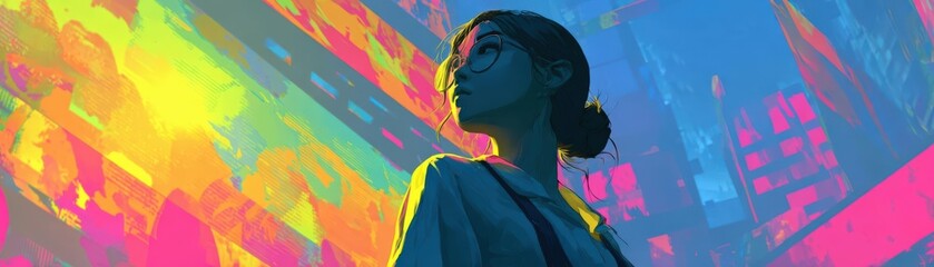 Naklejka premium Low-angle shot, dynamic silhouette of youthful professional in front of digital kanban, vibrant colors signify teamwork in tech realm, hyper-realistic digital art