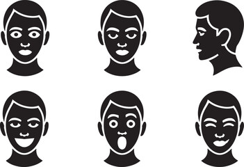 Diverse Facial Expressions Set Black Silhouette Vector Illustration on Transparent Background