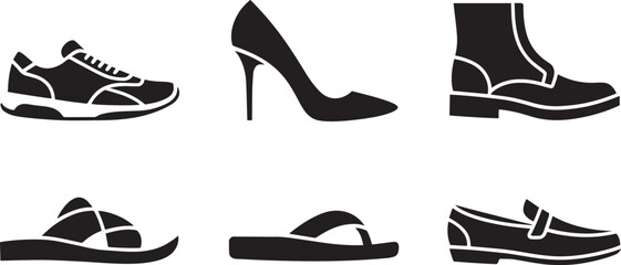 Diverse Footwear Collection Black Silhouette Vector Illustration on Transparent Background