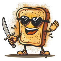 Vintage Cartoon Burnt Toast with Knife Mascot with Transparent Background