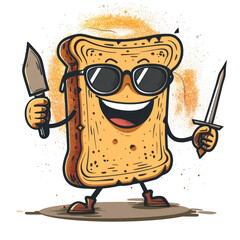Vintage Cartoon Burnt Toast with Knife Mascot with Transparent Background