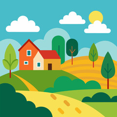 Village with house, fields, trees, sky with clouds vector landscape background.