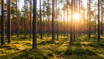 Naklejka premium Sunbeams through a pine forest at sunset