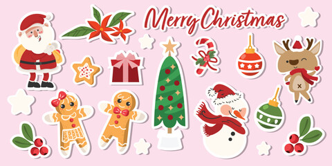 Christmas sticker set of cute characters with Santa claus, snowman, reindeer, gingerbread, Christmas tree, Christmas balls, Holly berry, gift box, stars and candy cane.
