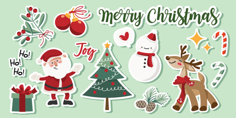 Christmas sticker set of cute characters with Santa Claus, snowman, reindeer, pine  nuts, Christmas tree, Christmas balls, Holly berry, gift box, stars and candy cane.