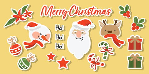 Christmas sticker set of cute characters with Santa Claus, snowman, reindeer, Christmas tree, Christmas balls, Holly berry, Poinsettia, gift box, stars and candy cane.