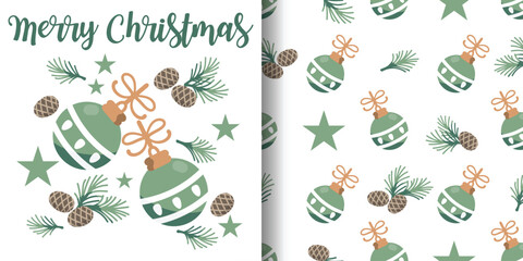 Christmas holiday banner and seamless pattern of cute Christmas balls with stars and pine branch and nuts on white background.