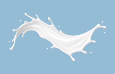 Realistic milk splash wave on blue background. Vector dairy or cosmetic concept