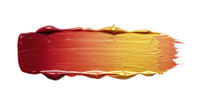 Wide horizontal brush stroke, luxurious reddish-brown to metallic gold gradient, thick impasto texture, iridescent gleam, on transparent studio background with copy space, top-down, shadowless