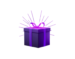 Purple gift box with a ribbon and glowing rays