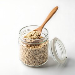 Glass Jar of Oatmeal with Wooden Spoon on White Background