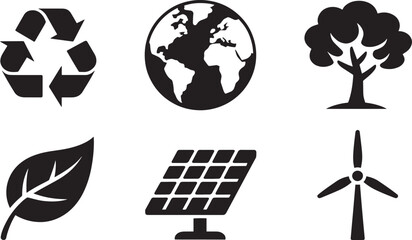 Eco-Friendly Icons Set Vector Illustration: Recycling, Earth, Tree, Leaf, Solar Panel, Wind Turbine