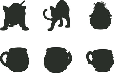 Naklejka premium Collection of cat and mug silhouettes on a white background