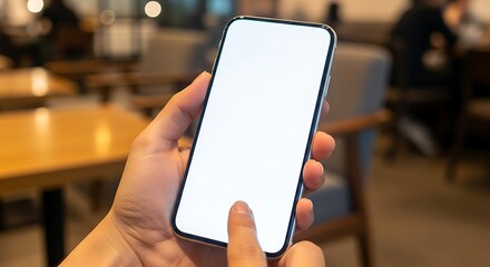 A person's hand holds a modern smartphone with a blank white screen in a blurry cafe setting.