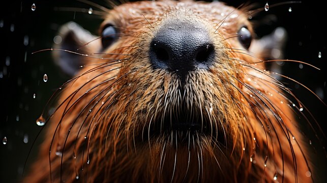 A close-up portrait of a capybara in the rain, showing details of wet fur.