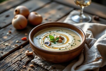 a rustic wooden table with a bowl of creamy mushroom soup made from wild mushrooms as a vegan protein rich meal under warm evening light