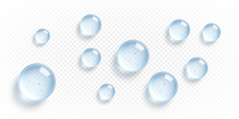 Transparent cosmetic serum drops. Clear gel droplets. Moisturizing cosmetic product. Hyaluronic acid concept. Vector illustration