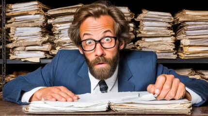 Man with glasses looking surprised at cluttered desk filled with papers and files