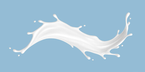 Fototapeta premium Realistic milk splash wave on blue background. Vector dairy or cosmetic concept