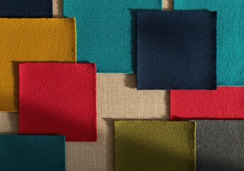 Fototapeta premium Arrangement of colorful fabric swatches creating a vibrant textured background with an artistic and decorative feel